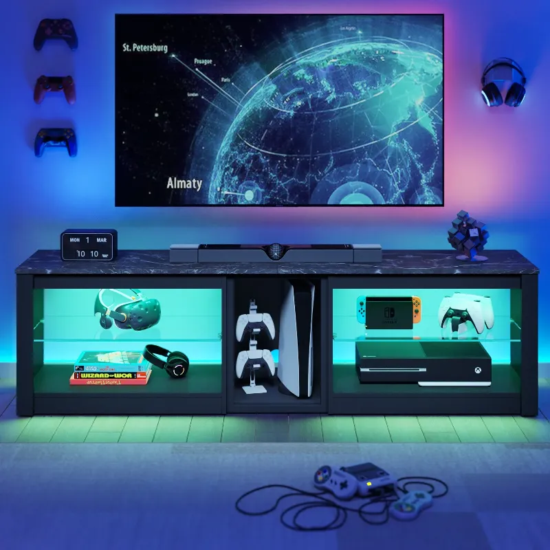 Photo 1 of **use missing parts***  Bestier TV Stand for TVs up to 70" with LED Light, Entertainment Center for PS5 with Shelves, Black Marble