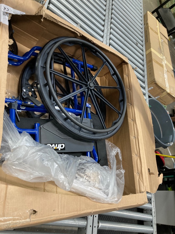 Photo 1 of **missing parts****Drive Medical Blue Streak Wheelchair with Flip Back Desk Arms, Elevating Leg Rests Folding Outdoor Desk Length Arms,Alloy Steel 20 Inch Seat