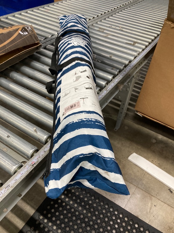 Photo 1 of ***used missing mparts****Blissun 9' Outdoor Patio Umbrella, Striped Patio Umbrella, Outdoor Table Umbrella, Market Umbrella with 8 Sturdy Ribs, Push Button Tilt and Crank (Blue & White Stripe)