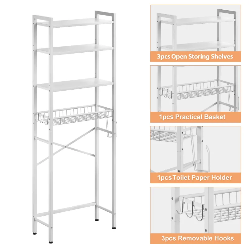 Photo 1 of **USED**Biemlerfn Over The Toilet Storage Shelf, 4-Tier Wooden Bathroom Organizer Adjustable Saver Space Rack with Toilet Paper Holder, Pure White