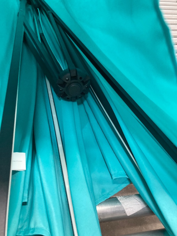 Photo 1 of **THEY ARE MISSING THE TUBE BELOWTHE PRODUCT IS MISSING PARTS, IT IS USED AND HAS MINOR DAMAGE***Best Choice Products 10ft Offset Hanging Market Patio Umbrella w/Easy Tilt Adjustment, Polyester Shade, 8 Ribs for Backyard, Poolside, Lawn and Garden - Cerul