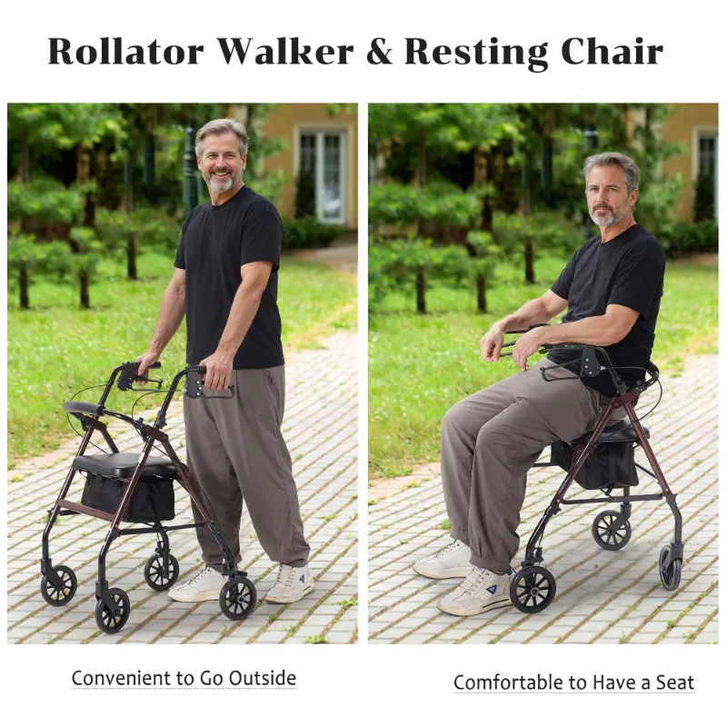 Photo 1 of *used missing parts**  Naipo Rollator Walker with Seat, Foldable Rolling Medical Walker with 6" Wheels, Aluminum Frame Supports Up to 300 lbs, Burgun