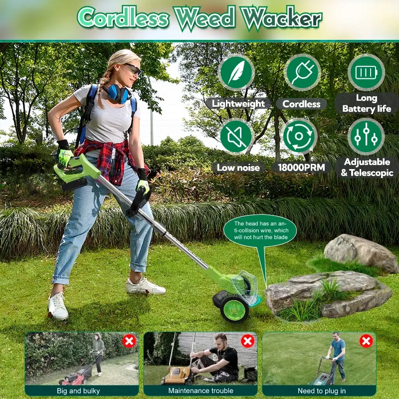 Photo 1 of ***I DON'T KNOW IF THERE ARE MISSING PIECES***  Electric Weed Wacker, Cordless String Trimmer, Weed Eater Grass Trimmer/Edger/Cutter with Wheels, 2Pcs 21V Batteries, 3 Types of Blades, Adjustable Length for Lawn Yard Garden (Green)
