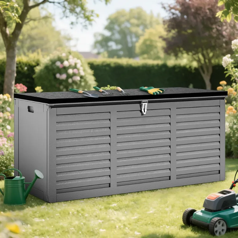 Photo 1 of ***I DON'T KNOW IF THERE ARE MISSING PIECES**130 Gallon Resin Deck Box, Outdoor Lockable Storage Container for Patio Cushions, Garden Tools, Pool Supplies, Toys, Waterproof and UV Resistant, Reinforced Rib Design, Gray
