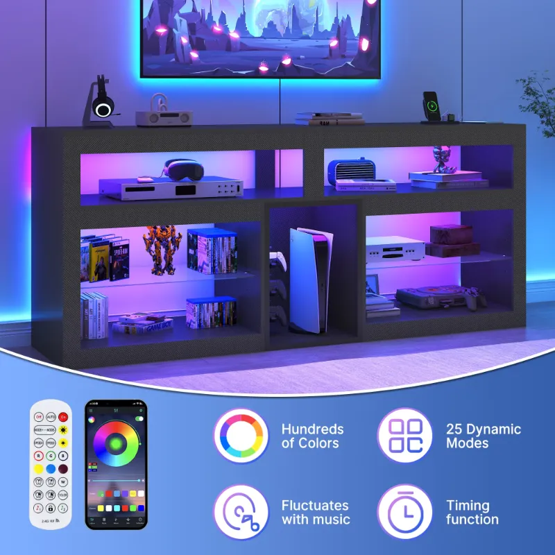 Photo 1 of **I DON'T KNOW IF THERE ARE MISSING PIECES** *74" TV Stand for TVs up to 85" with LED Lights and Power Outlet, 32" Tall Modern Gaming Entertainment Center with Adjustable Shelve for Living Room, Black Carbon Fiber

