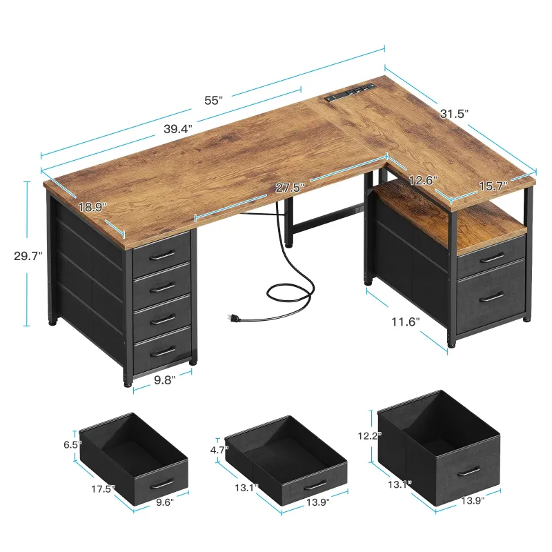 Photo 1 of ***I DON'T KNOW IF THERE ARE MISSING PIECES*** 55 inch Computer Desk with 5 Drawers and File Cabinet for Storage, Office Desk with Storage Shelf & Power Outlets, Home Office Desks, Vintage
