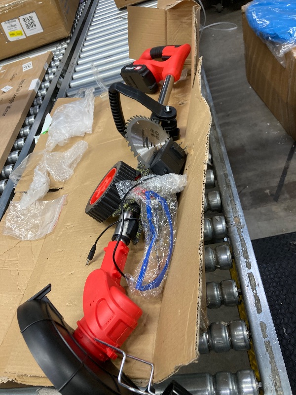 Photo 1 of **I DON'T KNOW IF THERE ARE MISSING PIECES***TNTANTS Electric Weed Wacker, Cordless String Trimmer with Wheels, 2Pcs 24V Batteries, 3 Types of Blades, Adjustable Length, Weed Eater Grass Trimmer/Edger/Brush Cutter for Lawn Yard Garden (Red)
