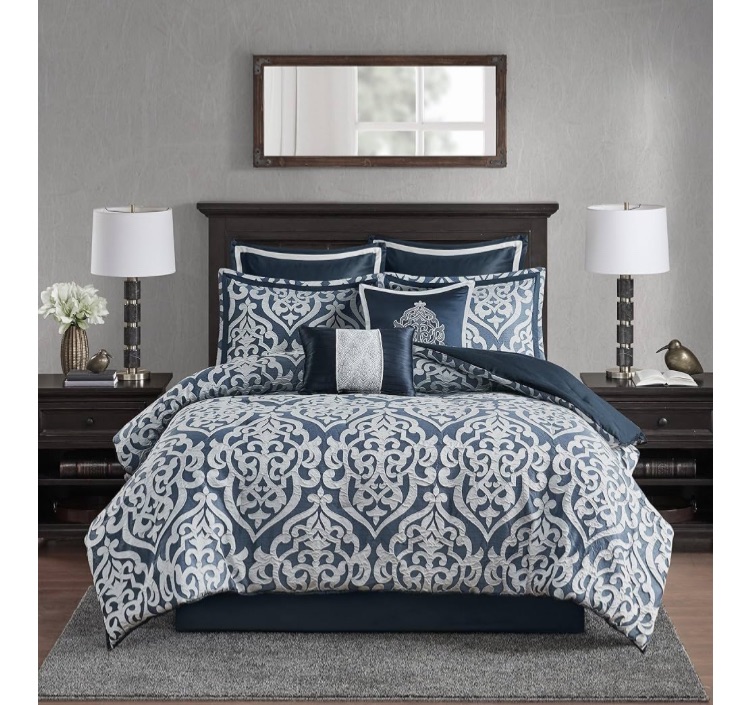 Photo 1 of ***I DON'T KNOW IF THERE ARE MISSING PIECES, I DON'T KNOW THE SIZE** Madison Park Odette Cozy Comforter Set Jacquard Damask Medallion Design - Modern All Season, Down Alternative Bedding, Shams, Decorative Pillows, King(104 in x 92 in), Navy 8 Piece