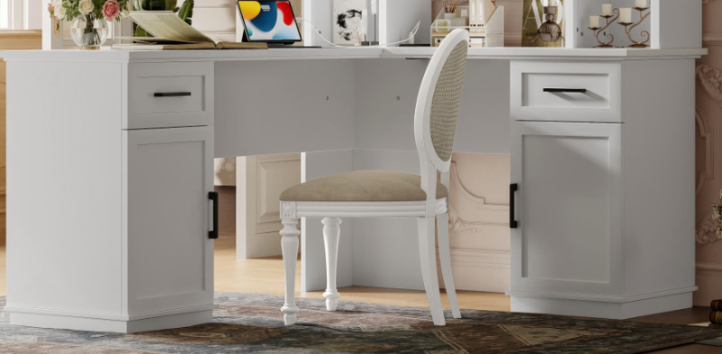 Photo 1 of ***I DON'T KNOW IF THERE ARE MISSING PIECES** L Shaped Executive Desk, Farmhouse l Shaped Desk, Home Office Table with Storage Cabinet and Shelf, Farmhouse Corner Table with Drawers, White