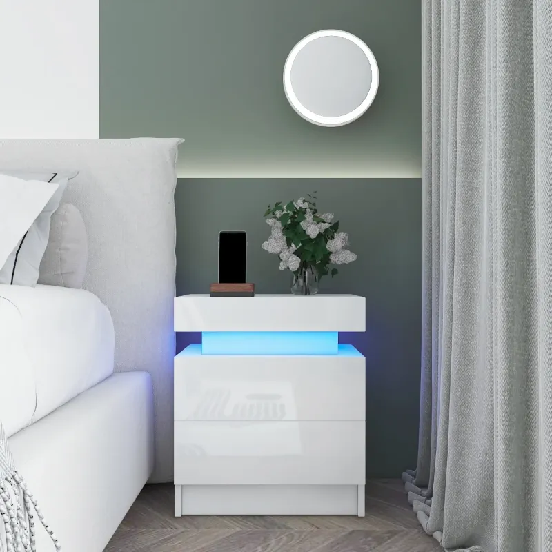 Photo 1 of ***I DON'T KNOW IF THERE ARE MISSING PIECES**** 2 Drawer Modern Nightstand with RGB LED Light High Gloss Bedside Tables for Bedroom White
