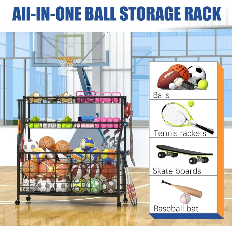Photo 1 of ****I DON'T KNOW IF THERE ARE MISSING PIECES**** Ball Storage Rack Large Sports Equipment Organizer Cart For Garage,Home Gym Multifunctional Sports Gear Storage For Indoor Or Outdoor, Ball Rack For Basketball,Baseball, Football, Toys
