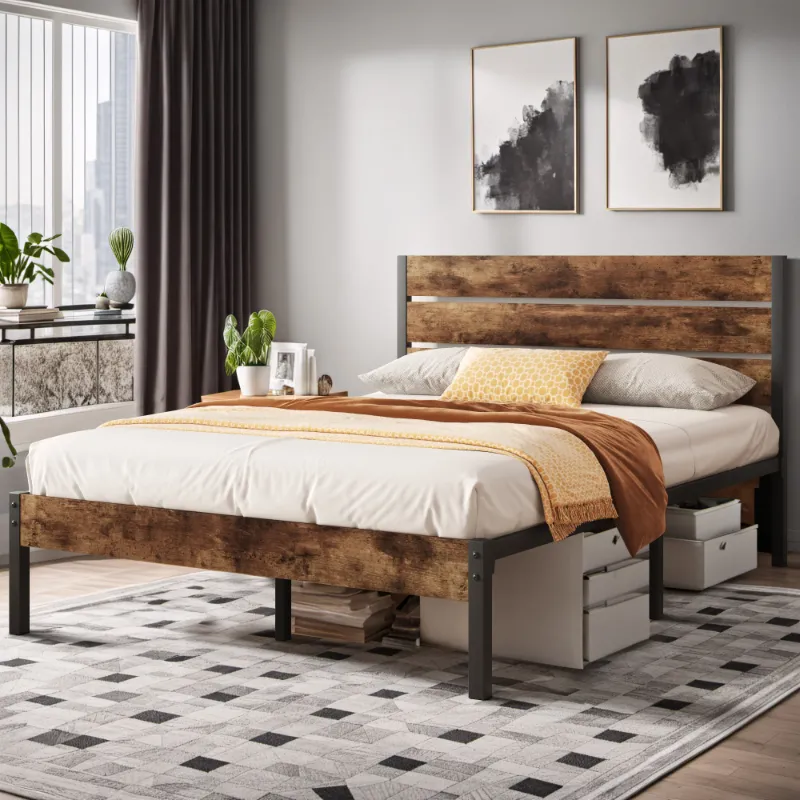 Photo 1 of ******I DON'T KNOW IF THERE ARE MISSING PIECES***** Queen Bed Frame with Rustic Vintage Wood Headboard and Footboard,Metal Support,Rustic Brown
