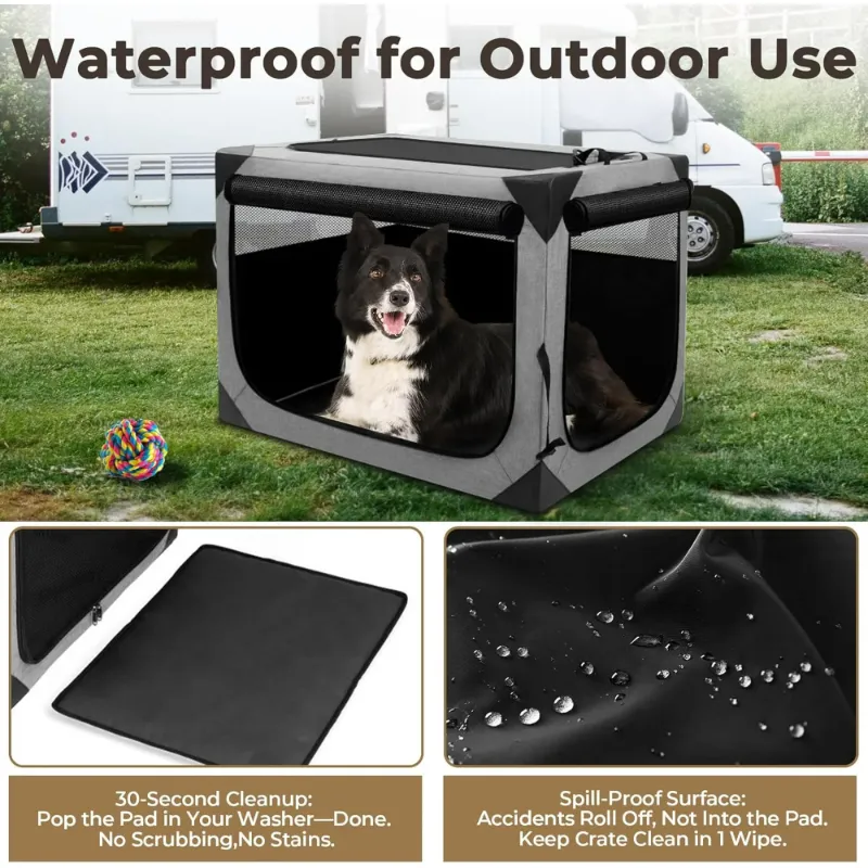 Photo 1 of **ONE SIDE OF MESH HAS DAMAGE(HOLES)/NO BOX**30 Inch Dog Crates,Collapsible Soft Dog Crate for Large Dogs, Chew Proof Mesh Window 3 Door Design, Indoor & Outdoor Portable Travel Dog Crate(Dark Gray)