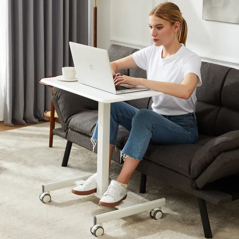 Photo 1 of Small Mobile Standing Desk, Portable Rolling Laptop Cart with Adjustable Height and Wheels, Computer Table for Home Office, White