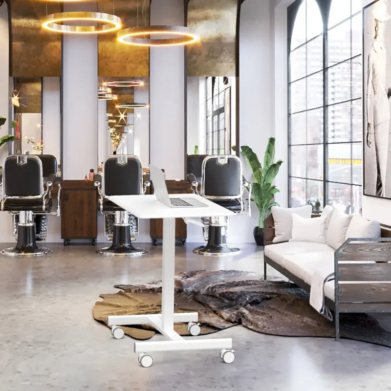 Photo 1 of Small Mobile Standing Desk, Portable Rolling Laptop Cart with Adjustable Height and Wheels, Computer Table for Home Office, White