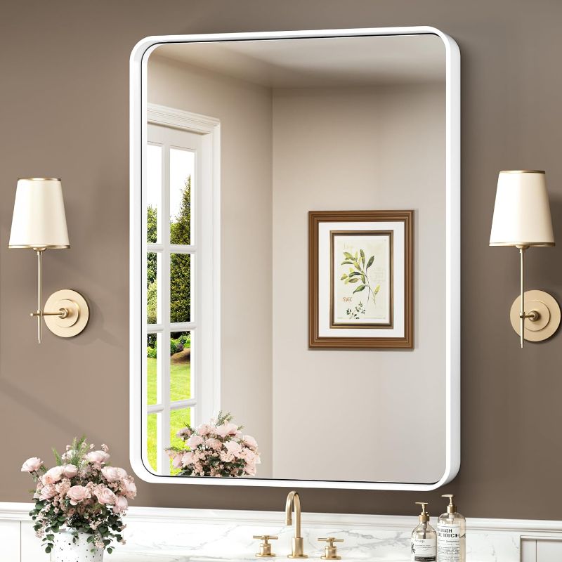 Photo 1 of ***BLACK***** TokeShimi 24x36 Inch White Bathroom Mirror for Wall Vanity Mirror with Non-Rusting Aluminum Alloy Metal Frame Rounded Corner for Modern Farmhouse Home Decor (Horizontal/Vertical)