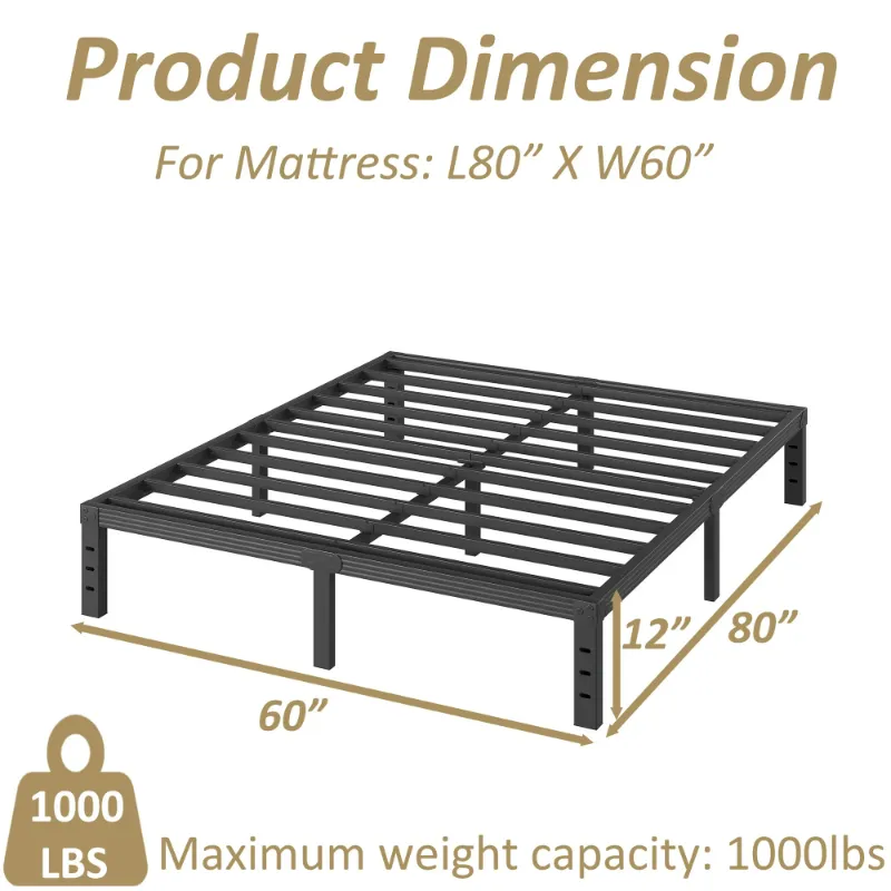 Photo 1 of  12 Inch Queen Size Bed Frame, Heavy Duty Metal Platform, No Box Spring Needed, Easy Assembly, Black