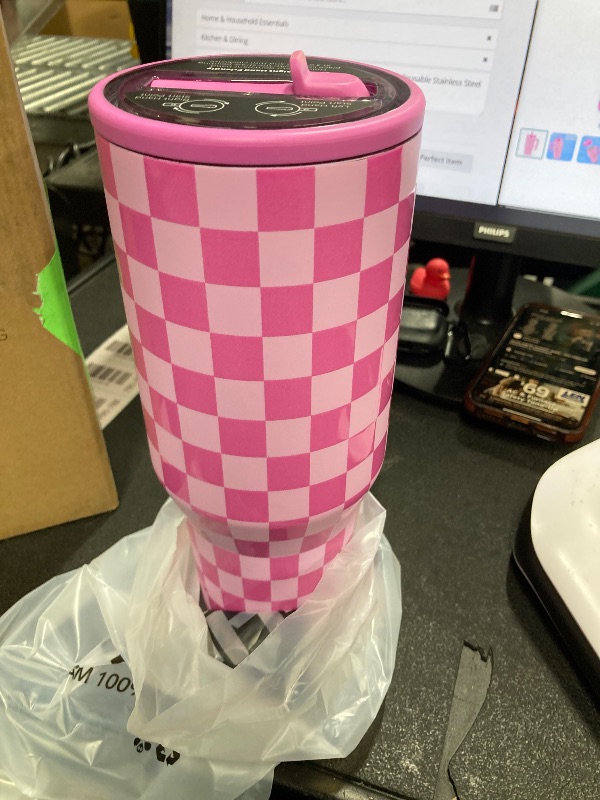 Photo 1 of ***IMAGE REFERENCE***Checkered Tumbler 20oz with Handle and Silicone Straw Lid for Kid, Reusable Stainless Steel Water Bottle, Spill Proof and Leak Resistant, Gift for Kids Girls