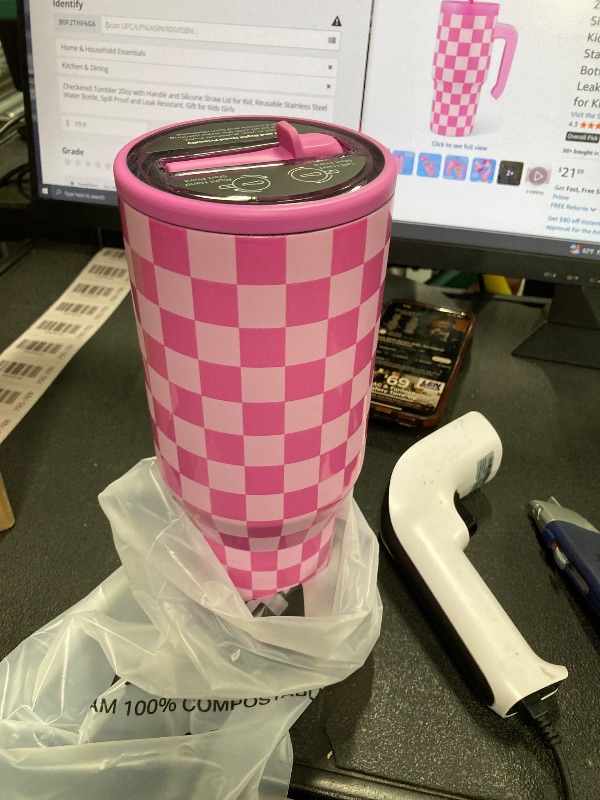 Photo 1 of ***IMAGE REFERENCE***Checkered Tumbler 20oz with Handle and Silicone Straw Lid for Kid, Reusable Stainless Steel Water Bottle, Spill Proof and Leak Resistant, Gift for Kids Girls