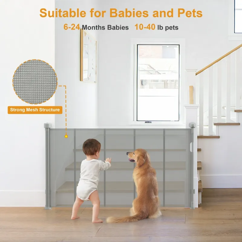 Photo 1 of **used***Vomeast Upgrade 71in Extra Wide Retractable Baby Gates with Support Rods,Prevent Crawling Through Reinforced Dog Gates for Doorways Stairs Hallways(Grey)