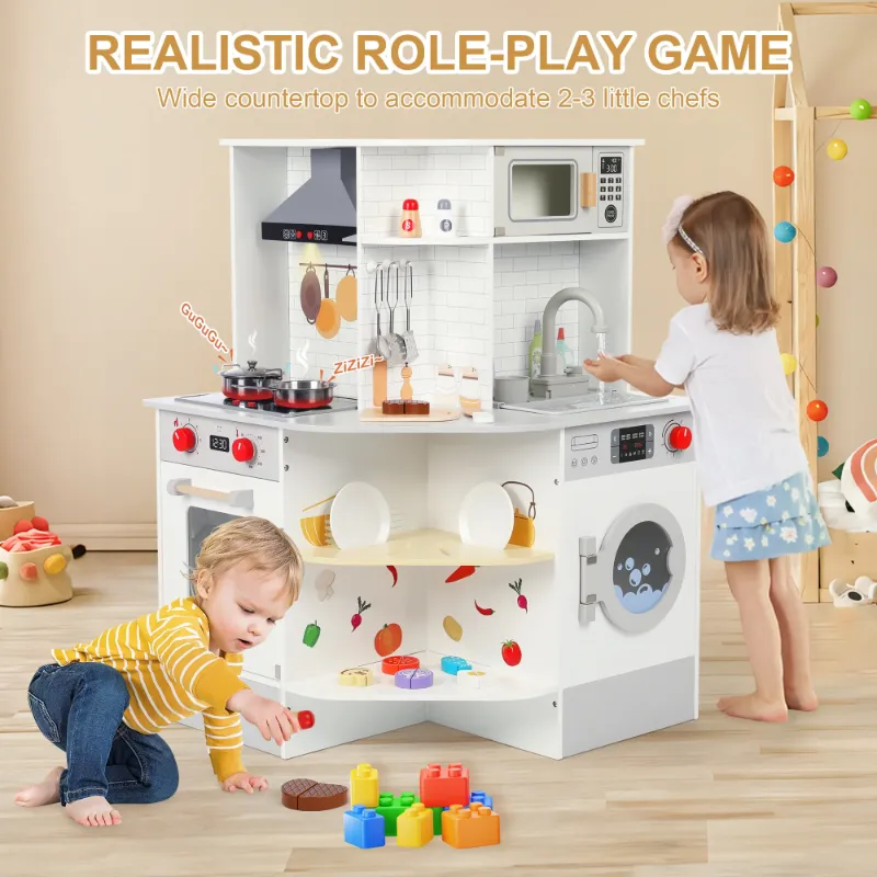Photo 1 of **missing parts used***  Wisairt Corner Play Kitchen Set, Wooden Kitchen for Kids w/ Chef's Costume Stove Sink Range Hood Oven Microwave, Realistic Lights Sounds, White & Grey