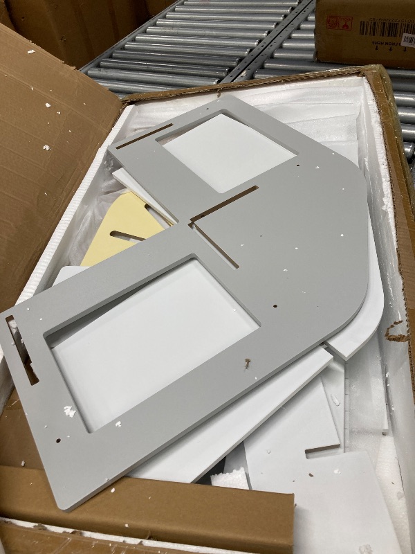 Photo 1 of **missing parts used***  Wisairt Corner Play Kitchen Set, Wooden Kitchen for Kids w/ Chef's Costume Stove Sink Range Hood Oven Microwave, Realistic Lights Sounds, White & Grey
