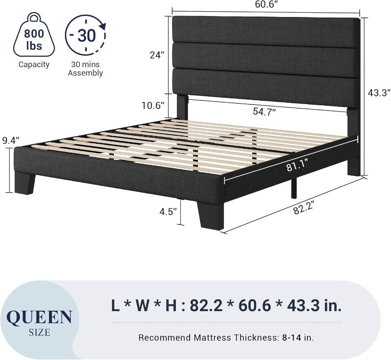 Photo 1 of **THE SUPPLIES ARE MISSING A PIECE. IT IS USED AND HAS A SMALL TEAR ON ONE SIDE.****Allewie Queen Size Platform Bed Frame with Fabric Upholstered Headboard and Wooden Slats Support, Fully Upholstered Mattress Foundation/No Box Spring Needed/Easy Assembly,