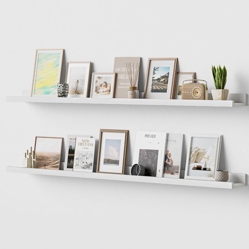 Photo 1 of **NOT SURE IF THE STOCK PICTURE IS THE ACTUAL PRODUCT BUT THEY LOOK SIMILAR*** PHOENANCEE Long Floating Shelves for Wall 47 Inch,Real Wood Picture Ledge with Lip Set of 4,Photo Frame Storage Display for Living Room Nursery Bedroom Bathroom Kitchen Home Of