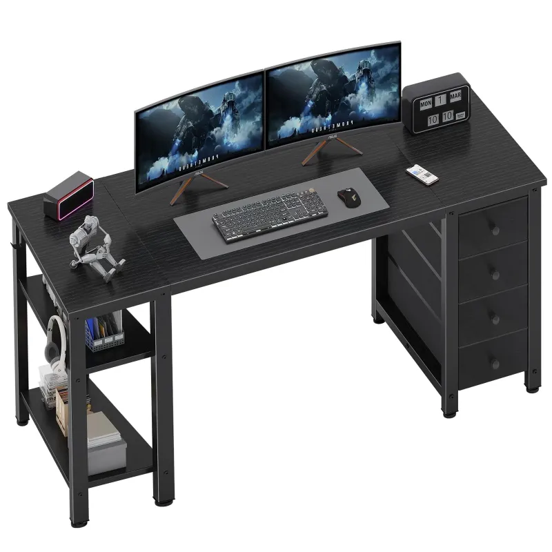 Photo 1 of  Desk with 4 Fabric Drawers & Storage Shelves, 55 inch Computer Writing Work Study Desk for Home Office Bedroom, Modern Simple Student PC Desks Table, Black
