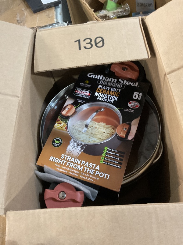 Photo 1 of ***(BROKEN HANDLE/ MINOR DAMAGE)***Gotham Steel 5 Quart Stock Pot Multipurpose Pasta Pot with Strainer Lid & Twist and Lock Handles, Nonstick Ceramic Surface Makes for Effortless Cleanup with Tempered Glass Lid, Dishwasher Safe