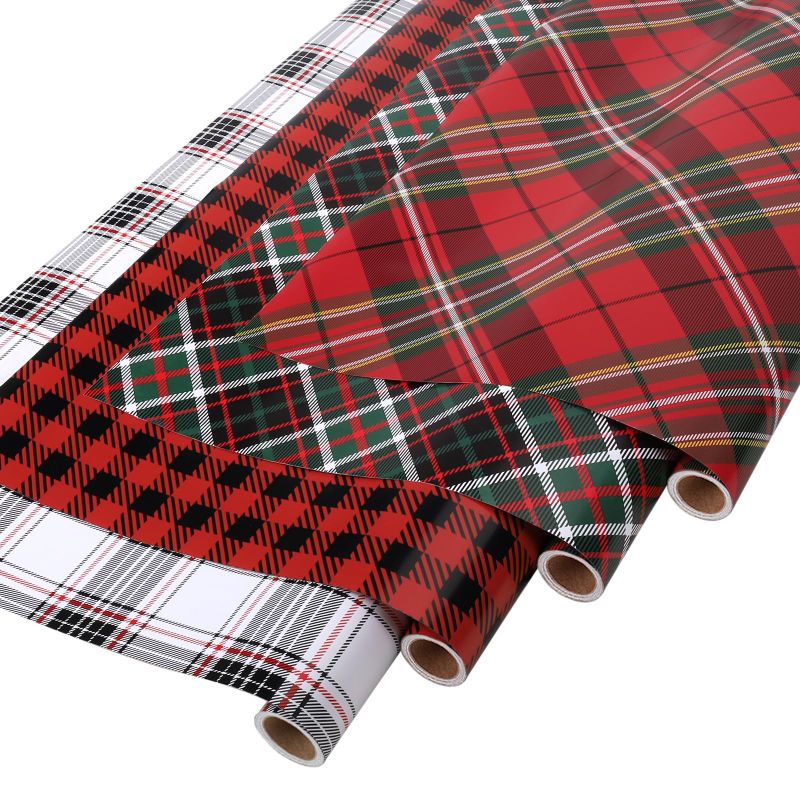 Photo 1 of ***FACTORY SEALED*** BIOBROWN Christmas Wrapping Paper with Tags and Trim Ribbon - 30" X 10' Per Roll (4 Rolls: 100 sq. ft. ttl.) - Plaid Design for Christmas, Party, Hanukkah, Kwanzaa, Holiday