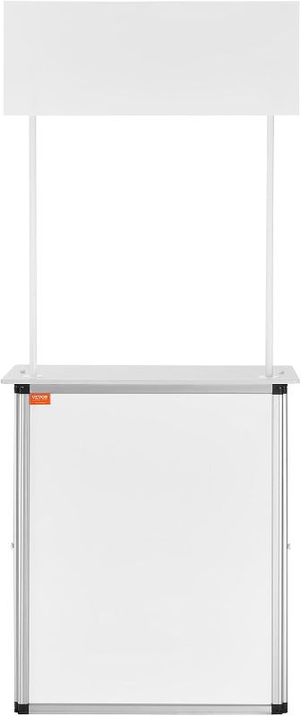 Photo 1 of VEVOR Promotion Counter Table, Portable Tradeshow Podium Table, 30.91" x 14.96" x 71.46", Display Exhibition Counter Stand Booth Fair with Wall, Pop Up Podium with Storage Rack/Carrying Bag