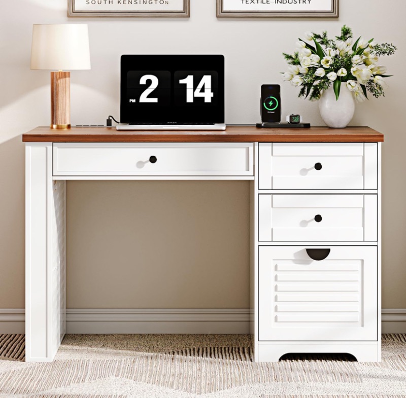 Photo 1 of 47" Home Office Desks, Executive Desk, Farmhouse Computer Desk with Drawers and Charging Station, File Drawer, Storage Cabinet, Rustic Computer Writing Desk,Antique White