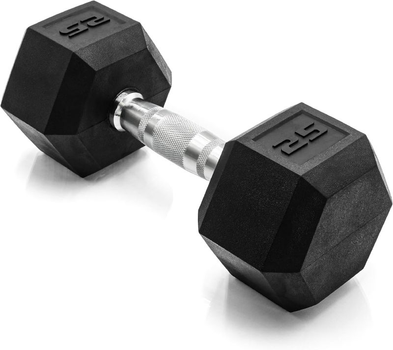 View 1 of (ONLY ONE) CAP Barbell 25 LB Rubber Coated Hex Dumbbell Hand Weight - Pair | Chrome Handle