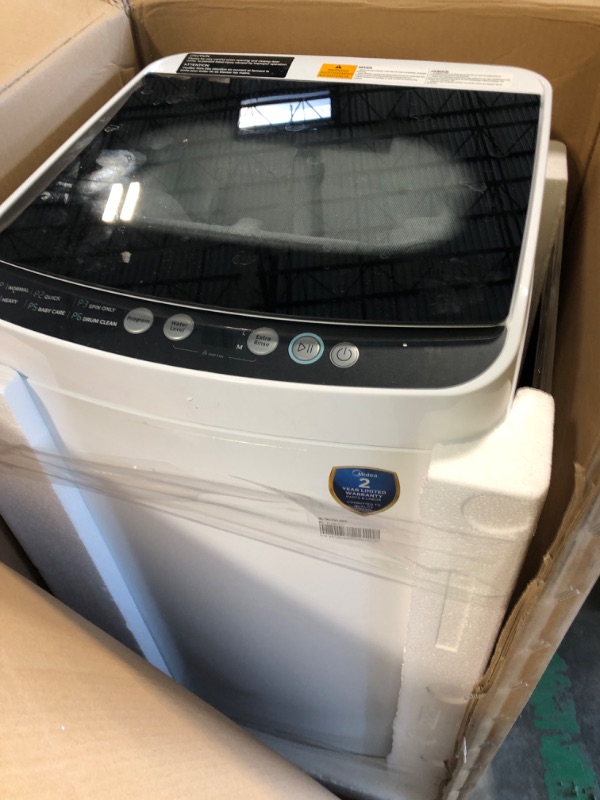Photo 1 of ** USED / TESTED FUNCTIONAL********** Midea MLTW09M1BWW Portable Washer with 6 Cycles, Drum Clean, Quick, Stainless Steel Tub, Transparent Lid, LED Display Washing Machine, 0.9 cu. ft, White