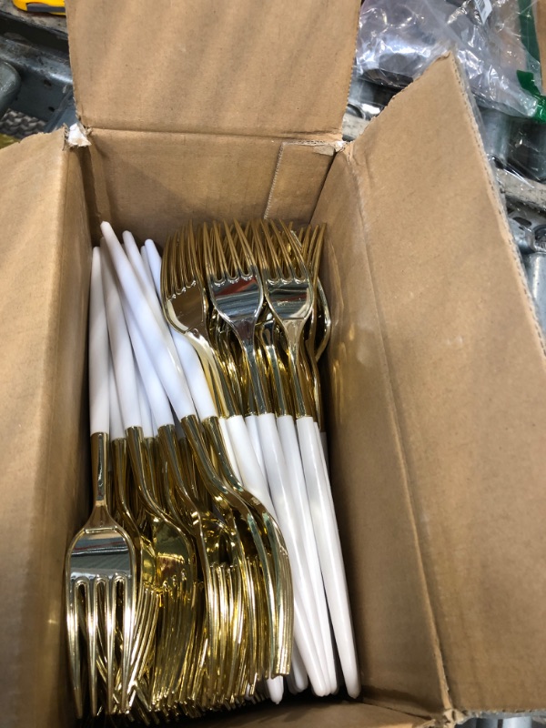 Photo 1 of ***missing parts***  144 Plastic Forks, Disposable Flatware with White Handle, Look Like Gold Cutlery for Party Wedding