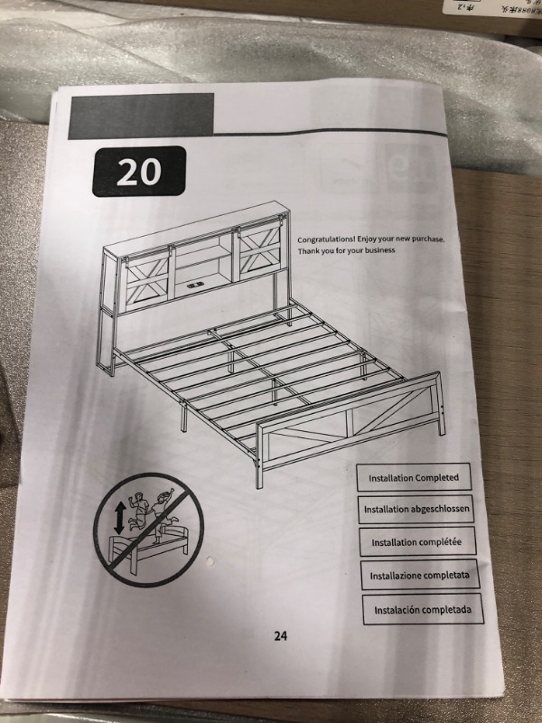 Photo 1 of ****** CHARGING PORT IS NOT FUNCTIONAL ******* **** HAS  CRACKED BOARD******  YITAHOME ?Farmhouse Queen Size Bed Frame with Headboard, Bookcase Storage Shelves, Sliding Barn Door, Charging Station, Rustic Wood Platform Bed, No Box Spring Needed, Oak