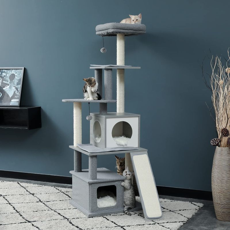 Photo 1 of ***Stock photo is a similar item*** Modern Wood Cat Tree Tower with Scratching Posts, 2 Condos and Top Perch for Small&Medium Cat, White