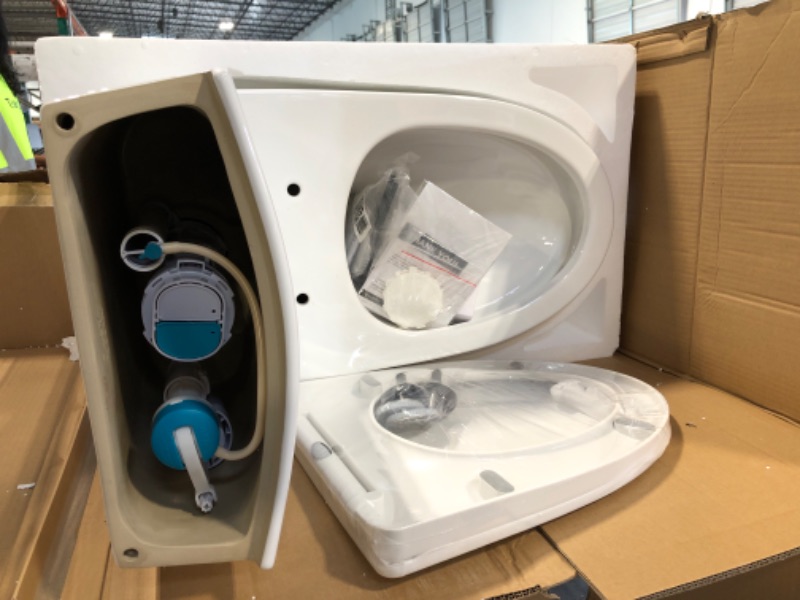 Photo 1 of ***** MISSING WATER TANK LID **** Swiss Madison St. Tropez SM-1T254HB One-Piece Elongated Toilet Vortex Dual-Flush 1.1/1.6 gpf with Comfort Chair Seat ADA Height in Glossy White with Black Hardware