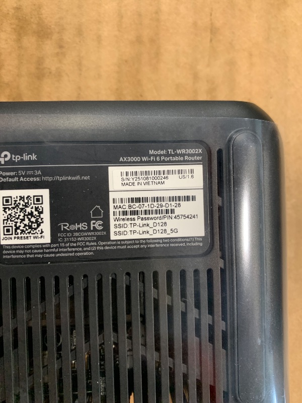 Photo 1 of **** S/N Y251081000246  ******* TP-Link Dual-Band Wi-Fi 6 AX3000 Travel Router TL-WR3002X | Multi-Gig Portable | OpenVPN, WireGuard | Easy Public WiFi Sharing | Hotel/Cruise/Travel Approved | Phone WiFi Tether | USB 3.0 | Multi-Mode