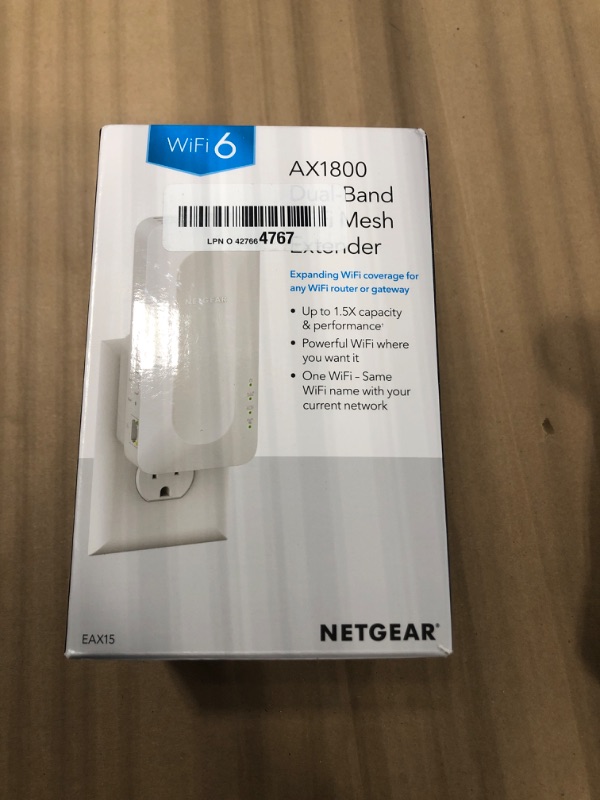 Photo 1 of ***** S/N 7RJ357D1D0B29  ********  NETGEAR WiFi 6 Mesh Range Extender (EAX15) - Add up to 1,500 sq. ft., 20 Devices with AX1800 Dual-Band Wireless Signal Booster & Repeater (up to 1.8 Gbps Speed), WPA3 Security, One WiFi Name