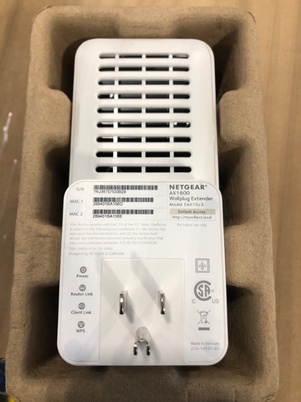 Photo 1 of ***** S/N 7RJ357D1D0B29  ********  NETGEAR WiFi 6 Mesh Range Extender (EAX15) - Add up to 1,500 sq. ft., 20 Devices with AX1800 Dual-Band Wireless Signal Booster & Repeater (up to 1.8 Gbps Speed), WPA3 Security, One WiFi Name