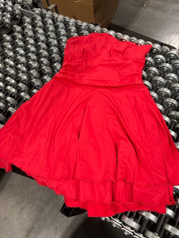 Photo 1 of **HAS STAINS**GOKATOSAU Women's Strapless Tube Ruched Waist Cute A Line Flowy Ruffle Hem Mini Dress Red S