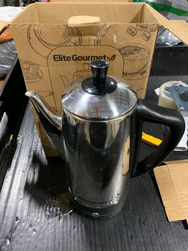 Photo 1 of ** KETTLE ONLY**
Elite Gourmet 12-Cup Electric Coffee Percolator, Dishwasher Safe Stainless-Steel Filter, Lid & Tube, Keep Warm, 360° Swivel Base Cord-less Serving, Stainless-Steel ***THE BOTTOM BASE PART IS NOT INCLUDED, IT IS MISSING****