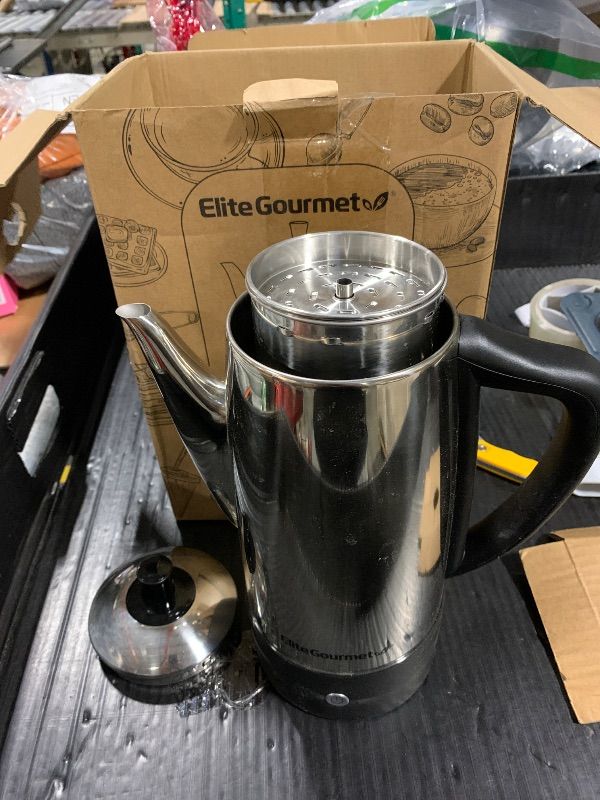 Photo 1 of ** KETTLE ONLY**
Elite Gourmet 12-Cup Electric Coffee Percolator, Dishwasher Safe Stainless-Steel Filter, Lid & Tube, Keep Warm, 360° Swivel Base Cord-less Serving, Stainless-Steel ***THE BOTTOM BASE PART IS NOT INCLUDED, IT IS MISSING****