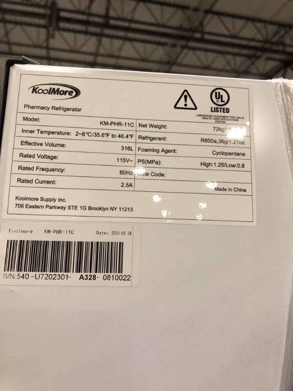 Photo 1 of ** USED/ UNTESTED/ DAMAGE MINOR**** KoolMore KM-PHR-11C 11 cu. ft. Medical Pharmacy Refrigerator with Emergency Backup Battery for Temperature Display and Alarm in White, UL Listed