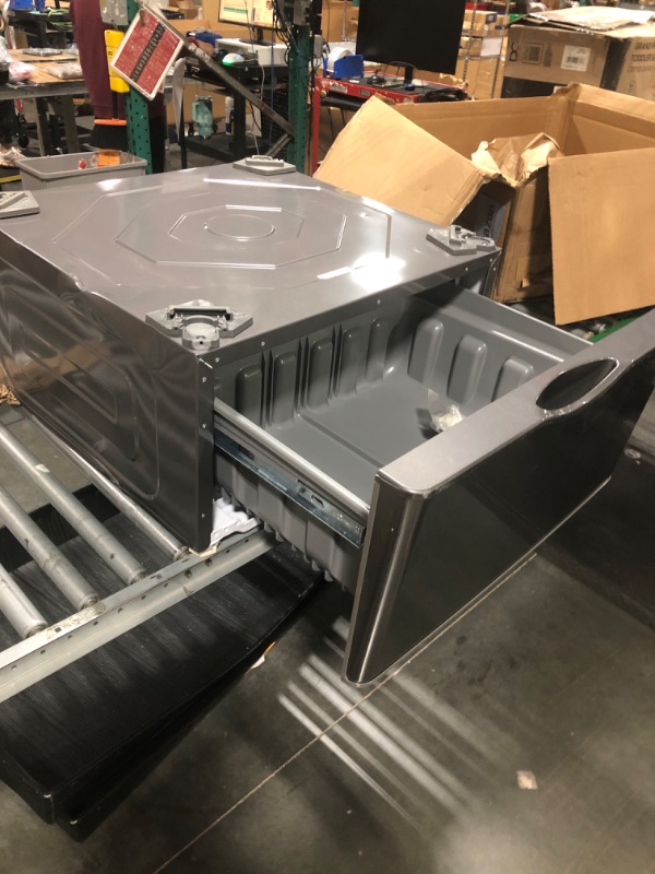 Photo 1 of ***MINOR DENT ON TOP, PICTURED*** SAMSUNG 27-Inch Washer Dryer Pedestal Stand w/ Pull Out Laundry Storage Drawer, Stainless Steel, WE402NP/A3, Platinum