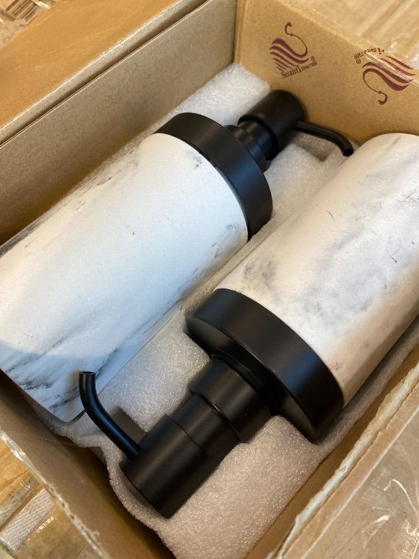 Photo 1 of *Minor Damaged*
Suanti 2 Pcs Bathroom Marble Soap Dispenser Set-Marble Wide Open, Refillable Liquid Circular Marble Decorative Soap Dispenser for Bathroom Countertop & Kitchen Home Decor, White