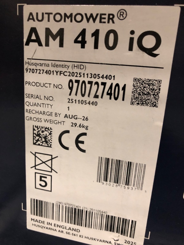 Photo 1 of ** BRAND NEW ITEM / UNTESTED ** Husqvarna 410iQ Automower Robotic Mower, 0.5 Acre Mowing Capacity, Wire Free Robot Lawn Mower with Charging Station, RS1 EPOS Reference Station and Replacement Blades, 970727401