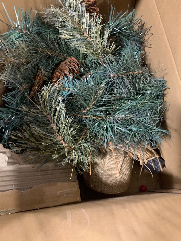 Photo 1 of BLOSMON Outdoor Christmas Tree for Porch: 2 Sets 24 Inch Timer Prelit Planter Bushes with 10 Red Cardinals - Remote 60 Lights 8 Modes - Small Pot Urn Filler for Front Door Pathway Yard Decor